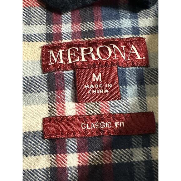 Merona Mens Flannel Shirt Sz Med. Button Down Cotton Long Sleeve Blue Red Tan - Picture 5 of 11